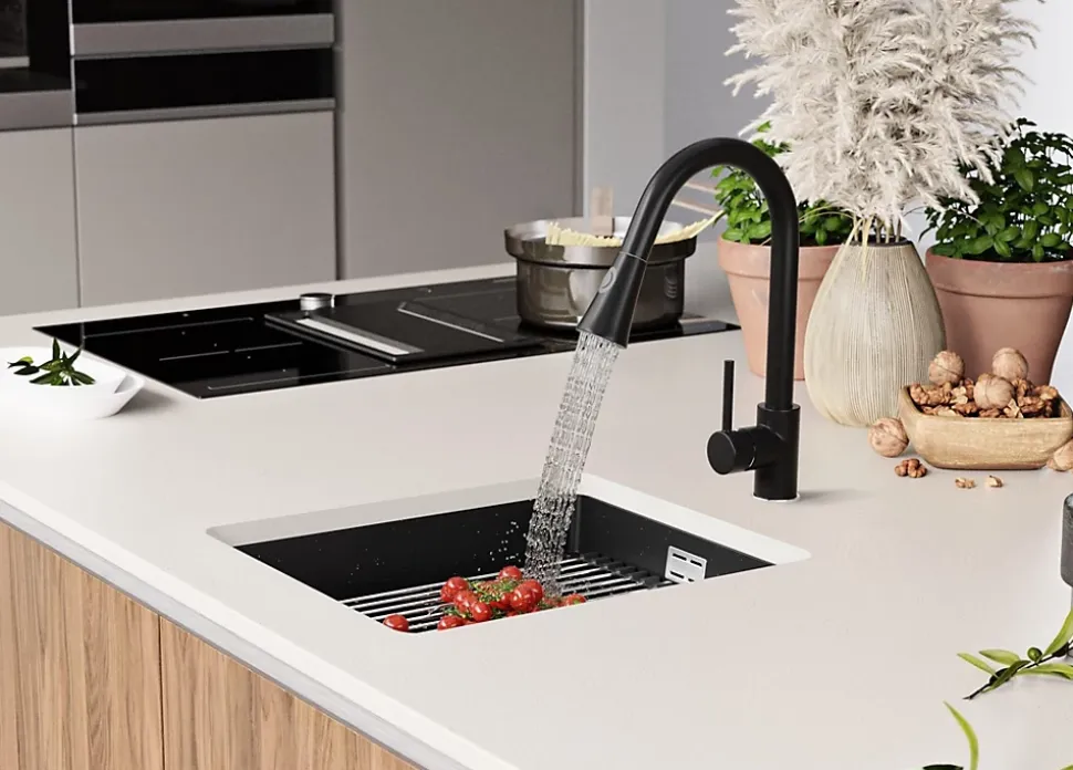 PRIMAGRAN Evier Sous Plan Noir Métallisé 41x47cm, Evier en Granit 1 bac + Kit de Vidage + Accessoires, Évier au meuble 45cm