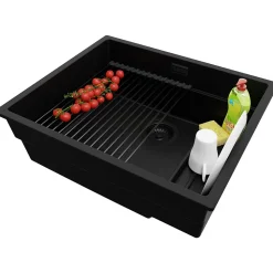 PRIMAGRAN Evier Sous Plan Tout Noir 56x47cm, Evier en Granit 1 bac + Kit de Vidage + Accessoires, Évier au meuble 60cm - Prague