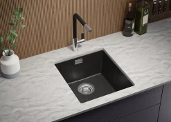 PRIMAGRAN Evier Sous Plan Graphite 41x47cm, Evier en Granit 1 bac + Kit de Vidage, Évier au meuble 45cm - London