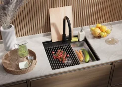 PRIMAGRAN Evier Sous Plan Tout Noir 56x53cm, Evier en Granit 1 bac + Kit de Vidage + Accessoires, Évier au meuble 60cm - Bergen