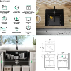 PRIMAGRAN Evier Sous Plan Tout Noir 56x53cm, Evier en Granit 1 bac + Kit de Vidage + Accessoires, Évier au meuble 60cm - Bergen