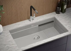 PRIMAGRAN Evier Sous Plan Gris 86x47cm, Evier en Granit 1 bac + Kit de Vidage + Accessoires, Évier au meuble 90cm - Prague