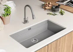 PRIMAGRAN Evier Sous Plan Gris 86x47cm, Evier en Granit 1 bac + Kit de Vidage + Accessoires, Évier au meuble 90cm - Prague