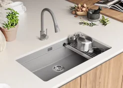 PRIMAGRAN Evier Sous Plan Gris 86x47cm, Evier en Granit 1 bac + Kit de Vidage + Accessoires, Évier au meuble 90cm - Prague