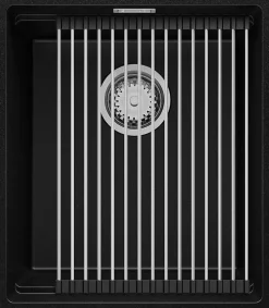 PRIMAGRAN Evier Sous Plan Noir 41x47cm, Evier en Granit 1 bac + Kit de Vidage + Accessoires, Évier au meuble 45cm - Prague