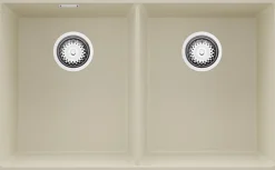 PRIMAGRAN Evier Sous Plan Beige 76x47cm, Evier en Granit 2 bacs + Kit de Vidage, Évier au meuble 80cm - London Twin