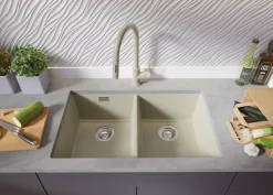 PRIMAGRAN Evier Sous Plan Beige 76x47cm, Evier en Granit 2 bacs + Kit de Vidage, Évier au meuble 80cm - London Twin