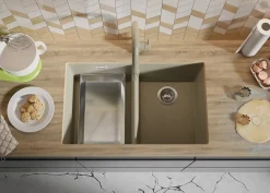 PRIMAGRAN Evier Sous Plan Beige 76x47cm, Evier en Granit 2 bacs + Kit de Vidage, Évier au meuble 80cm - London Twin