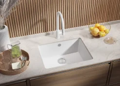 PRIMAGRAN Evier Sous Plan Tout Blanc 56x44cm, Evier en Granit 1 bac + Kit de Vidage, Évier au meuble 60cm - Venise Easy