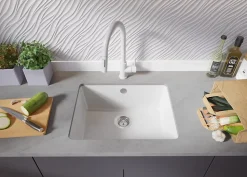 PRIMAGRAN Evier Sous Plan Tout Blanc 56x44cm, Evier en Granit 1 bac + Kit de Vidage, Évier au meuble 60cm - Venise Easy