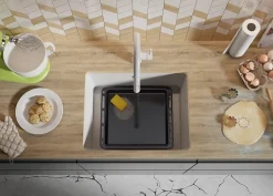 PRIMAGRAN Evier Sous Plan Tout Blanc 56x44cm, Evier en Granit 1 bac + Kit de Vidage, Évier au meuble 60cm - Venise Easy