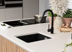 PRIMAGRAN Evier Sous Plan Noir 41x47cm, Evier en Granit 1 bac + Kit de Vidage, Évier au meuble 45cm - London