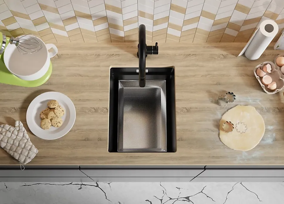 PRIMAGRAN Evier Sous Plan Tout Noir 36x47cm, Evier en Granit 1 bac + Kit de Vidage + Accessoires, Évier au meuble 40cm - Prague