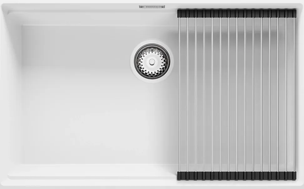 PRIMAGRAN Evier Sous Plan Blanc 76x47cm, Evier en Granit 1 bac + Kit de Vidage + Accessoires, Évier au meuble 80cm - Prague