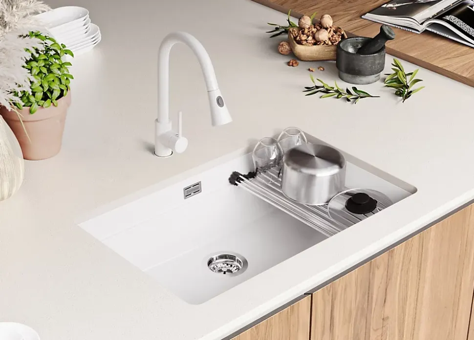 PRIMAGRAN Evier Sous Plan Blanc 76x47cm, Evier en Granit 1 bac + Kit de Vidage + Accessoires, Évier au meuble 80cm - Prague