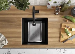 PRIMAGRAN Evier Sous Plan Graphite 46x47cm, Evier en Granit 1 bac + Kit de Vidage, Évier au meuble 50cm - London