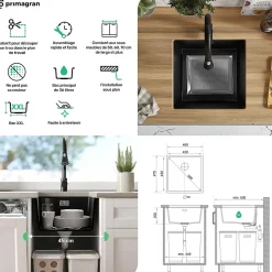 PRIMAGRAN Evier Sous Plan Noir 46x47cm, Evier en Granit 1 bac + Kit de Vidage, Évier au meuble 50cm - London