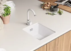 PRIMAGRAN Evier Sous Plan Blanc 36x47cm, Evier en Granit 1 bac + Kit de Vidage, Évier au meuble 40cm - London