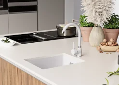 PRIMAGRAN Evier Sous Plan Blanc 36x47cm, Evier en Granit 1 bac + Kit de Vidage, Évier au meuble 40cm - London