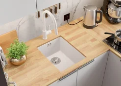 PRIMAGRAN Evier Sous Plan Blanc 36x47cm, Evier en Granit 1 bac + Kit de Vidage, Évier au meuble 40cm - London