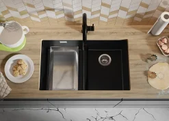 PRIMAGRAN Evier Sous Plan Noir 76x47cm, Evier en Granit 2 bacs + Kit de Vidage, Évier au meuble 80cm - London Twin