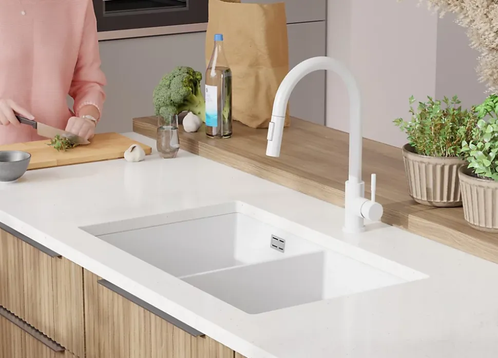 PRIMAGRAN Evier Sous Plan Blanc 76x47cm, Evier en Granit 2 bacs + Kit de Vidage, Évier au meuble 80cm - London Twin