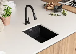 PRIMAGRAN Evier Sous Plan Graphite 41x47cm, Evier en Granit 1 bac + Kit de Vidage + Accessoires, Évier au meuble 45cm - Prague