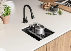 PRIMAGRAN Evier Sous Plan Graphite 41x47cm, Evier en Granit 1 bac + Kit de Vidage + Accessoires, Évier au meuble 45cm - Prague