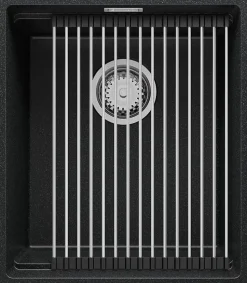 PRIMAGRAN Evier Sous Plan Graphite 41x47cm, Evier en Granit 1 bac + Kit de Vidage + Accessoires, Évier au meuble 45cm - Prague