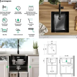 PRIMAGRAN Evier Sous Plan Graphite 41x47cm, Evier en Granit 1 bac + Kit de Vidage + Accessoires, Évier au meuble 45cm - Prague