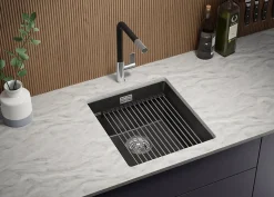 PRIMAGRAN Evier Sous Plan Graphite 41x47cm, Evier en Granit 1 bac + Kit de Vidage + Accessoires, Évier au meuble 45cm - Prague