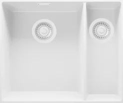 PRIMAGRAN Evier Sous Plan Tout Blanc 56x47cm, Evier en Granit 1,5 bacs + Kit de Vidage, Évier au meuble 60cm - London Duo