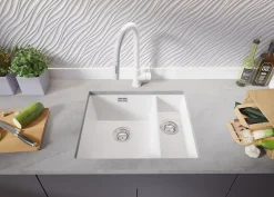 PRIMAGRAN Evier Sous Plan Tout Blanc 56x47cm, Evier en Granit 1,5 bacs + Kit de Vidage, Évier au meuble 60cm - London Duo