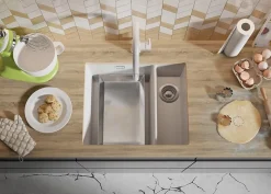 PRIMAGRAN Evier Sous Plan Tout Blanc 56x47cm, Evier en Granit 1,5 bacs + Kit de Vidage, Évier au meuble 60cm - London Duo