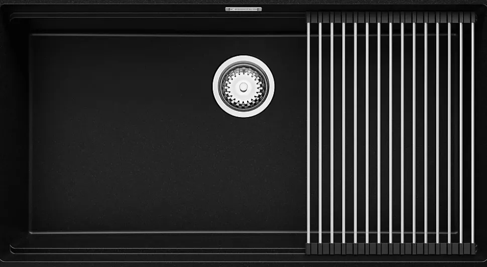PRIMAGRAN Evier Sous Plan Noir 86x47cm, Evier en Granit 1 bac + Kit de Vidage + Accessoires, Évier au meuble 90cm - Prague