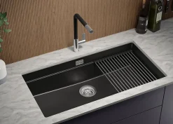 PRIMAGRAN Evier Sous Plan Noir 86x47cm, Evier en Granit 1 bac + Kit de Vidage + Accessoires, Évier au meuble 90cm - Prague