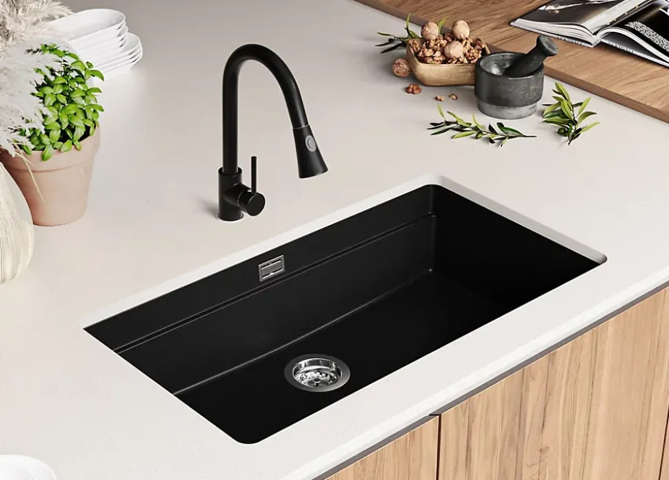 PRIMAGRAN Evier Sous Plan Noir 86x47cm, Evier en Granit 1 bac + Kit de Vidage + Accessoires, Évier au meuble 90cm - Prague