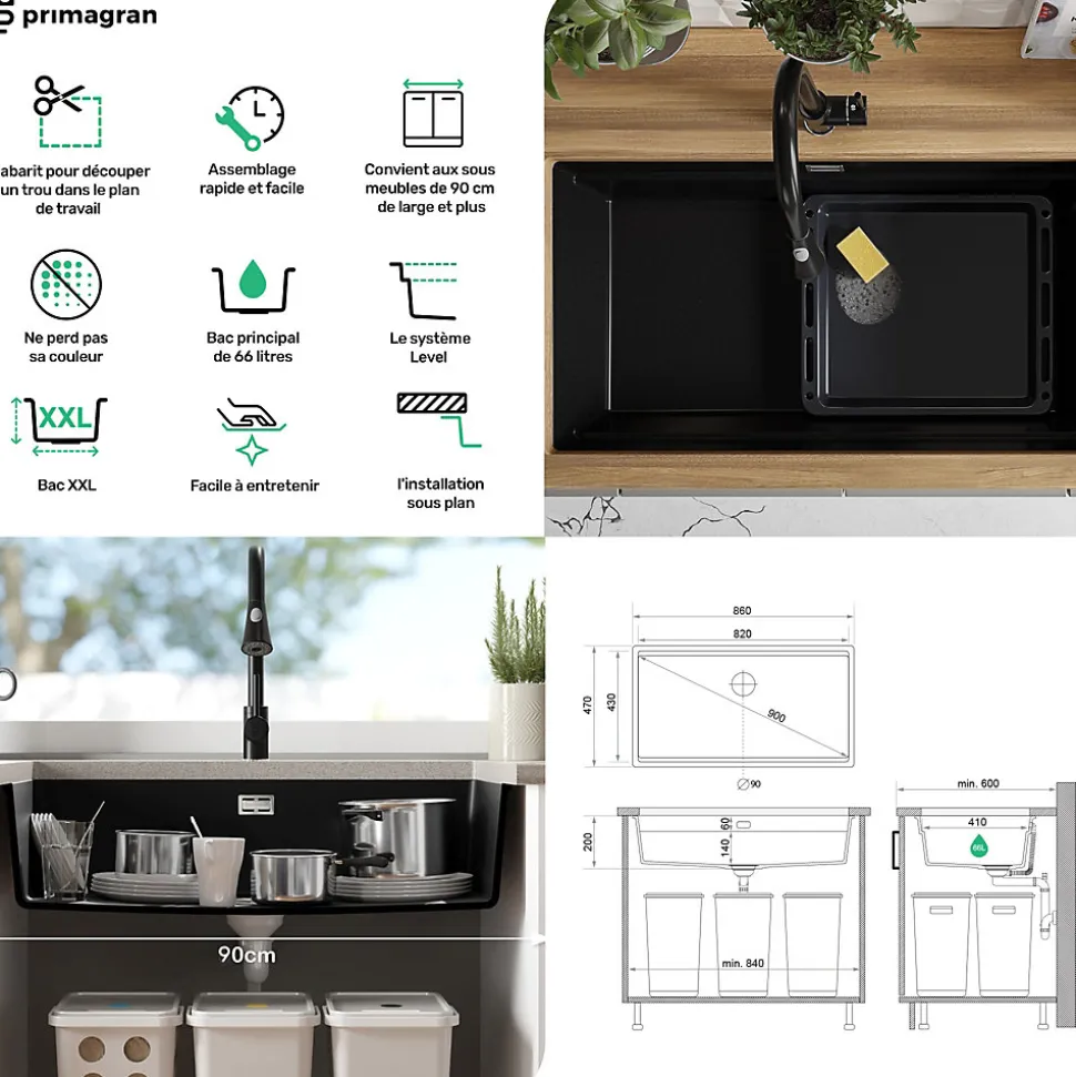 PRIMAGRAN Evier Sous Plan Noir 86x47cm, Evier en Granit 1 bac + Kit de Vidage + Accessoires, Évier au meuble 90cm - Prague