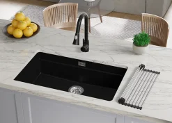 PRIMAGRAN Evier Sous Plan Noir 86x47cm, Evier en Granit 1 bac + Kit de Vidage + Accessoires, Évier au meuble 90cm - Prague