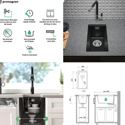 PRIMAGRAN Evier Sous Plan Graphite 26x47cm, Evier en Granit 1 bac + Kit de Vidage, Évier au meuble 30cm - London