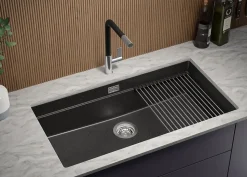 PRIMAGRAN Evier Sous Plan Graphite 86x47cm, Evier en Granit 1 bac + Kit de Vidage + Accessoires, Évier au meuble 90cm - Prague