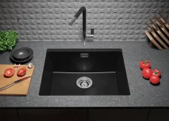 PRIMAGRAN Evier Sous Plan Noir Métallisé 56x47cm, Evier en Granit 1 bac + Kit de Vidage, Évier au meuble 60cm - London