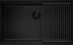 PRIMAGRAN Evier Sous Plan Tout Noir 76x47cm, Evier en Granit 1 bac + Kit de Vidage + Accessoires, Évier au meuble 80cm - Prague