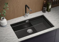 PRIMAGRAN Evier Sous Plan Tout Noir 76x47cm, Evier en Granit 1 bac + Kit de Vidage + Accessoires, Évier au meuble 80cm - Prague