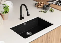 PRIMAGRAN Evier Sous Plan Tout Noir 76x47cm, Evier en Granit 1 bac + Kit de Vidage + Accessoires, Évier au meuble 80cm - Prague