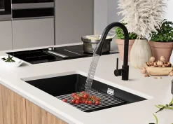 PRIMAGRAN Evier Sous Plan Tout Noir 76x47cm, Evier en Granit 1 bac + Kit de Vidage + Accessoires, Évier au meuble 80cm - Prague