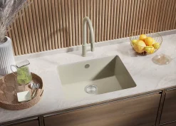 PRIMAGRAN Evier Sous Plan Beige 56x44cm, Evier en Granit 1 bac + Kit de Vidage, Évier au meuble 60cm - Venise Easy