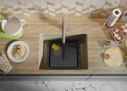 PRIMAGRAN Evier Sous Plan Beige 56x44cm, Evier en Granit 1 bac + Kit de Vidage, Évier au meuble 60cm - Venise Easy