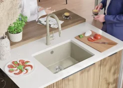 PRIMAGRAN Evier Sous Plan Beige 56x44cm, Evier en Granit 1 bac + Kit de Vidage, Évier au meuble 60cm - Venise Easy