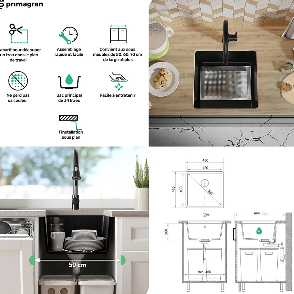 PRIMAGRAN Evier Sous Plan Tout Noir 46x44cm, Evier en Granit 1 bac + Kit de Vidage, Évier au meuble 50cm - Venise Easy